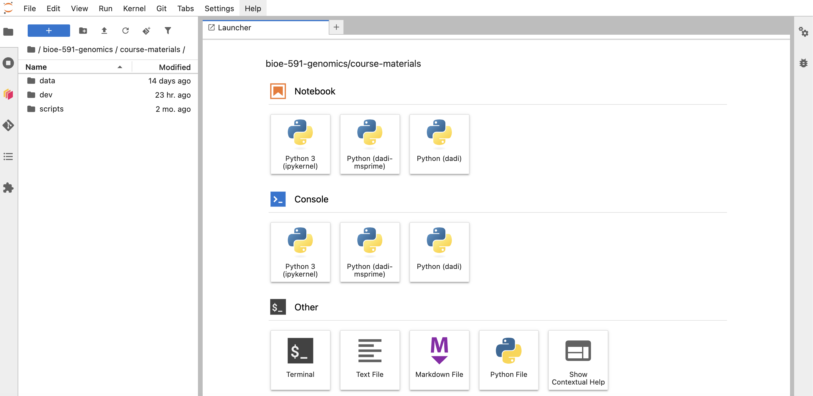 The launcher interface for JupyterLab.